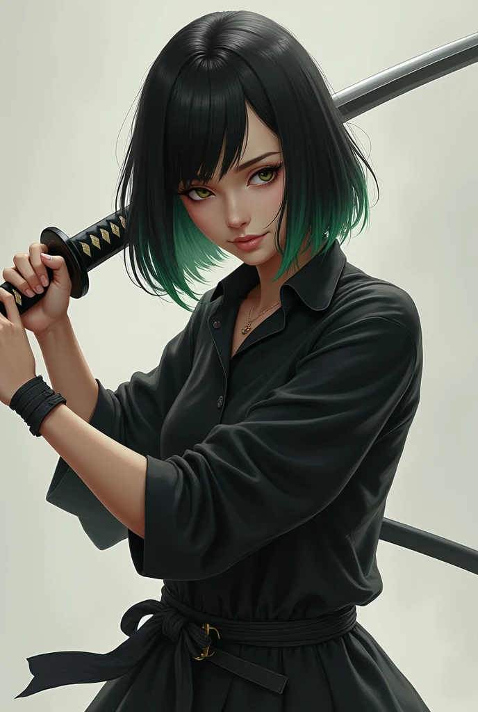 Fille réaliste avec une chemise noire, cheveux mi-long noir avec des pointes vertes, avec un katana à la main