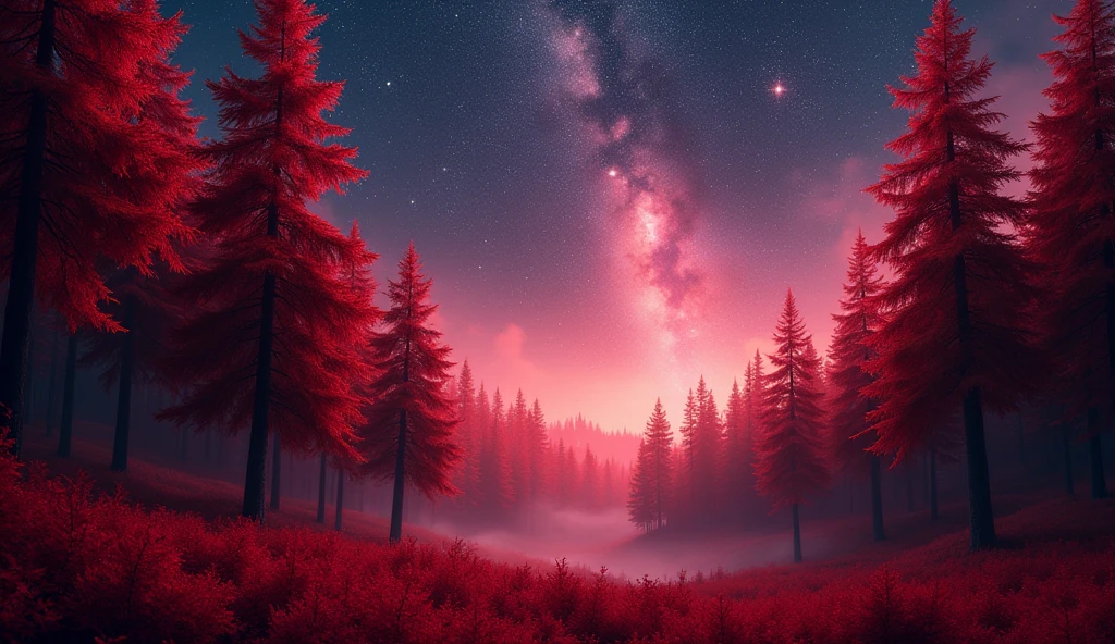 A stunning wallpaper of a dense temperate forest with a deep red theme, filled with tall, pointed pine trees. The trees have sharp, needle-like leaves in vibrant shades of red, creating a striking and surreal atmosphere. The forest floor is blanketed with rich red pine needles, enhancing the mystical feel. Above, the night sky is filled with countless bright stars and a glowing nebula that beautifully contrasts with the crimson forest below. The scene captures the majestic and serene beauty of a pine forest with a red color palette, under a breathtaking starry sky, perfect for an immersive and captivating wallpaper.