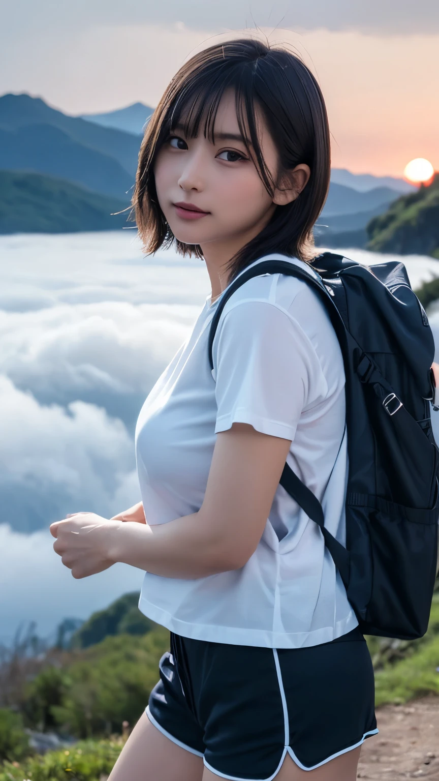 Highest quality, masterpiece, Ultra-high resolution, (Realistic:1.3), RAW Photos, (Nature landscape photography), (Majestic Mountain々The summit of the, sea of clouds), (とても大きな山The summit of the), (sunset), (One Girl), (Upper Body), (20-year-old), (smile:0.9), (Shiny skin), (short hair, Dark brown hair), (White T-shirt), (Tight casual shorts), (Carry a large backpack on your back), (Ultra detailed face), (Nipple erection), (Highly detailed eyes), (Highly detailed nose), (Highly detailed mouth), (Very skilled hands), (Super-detailed body), Sony a7, 85mm lens, f9.0, Pan Focus
、Luxury Panties、