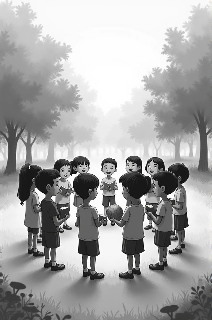 "A simple, black-and-white image featuring a diverse group of children sitting in a circle in a peaceful park setting. The children are smiling and holding small books or globes, representing education and global understanding. The grass and surrounding area are depicted in various shades of gray, enhancing the serene and timeless atmosphere. The black-and-white color scheme adds a classic, timeless feel to the image, emphasizing themes of unity and peace."