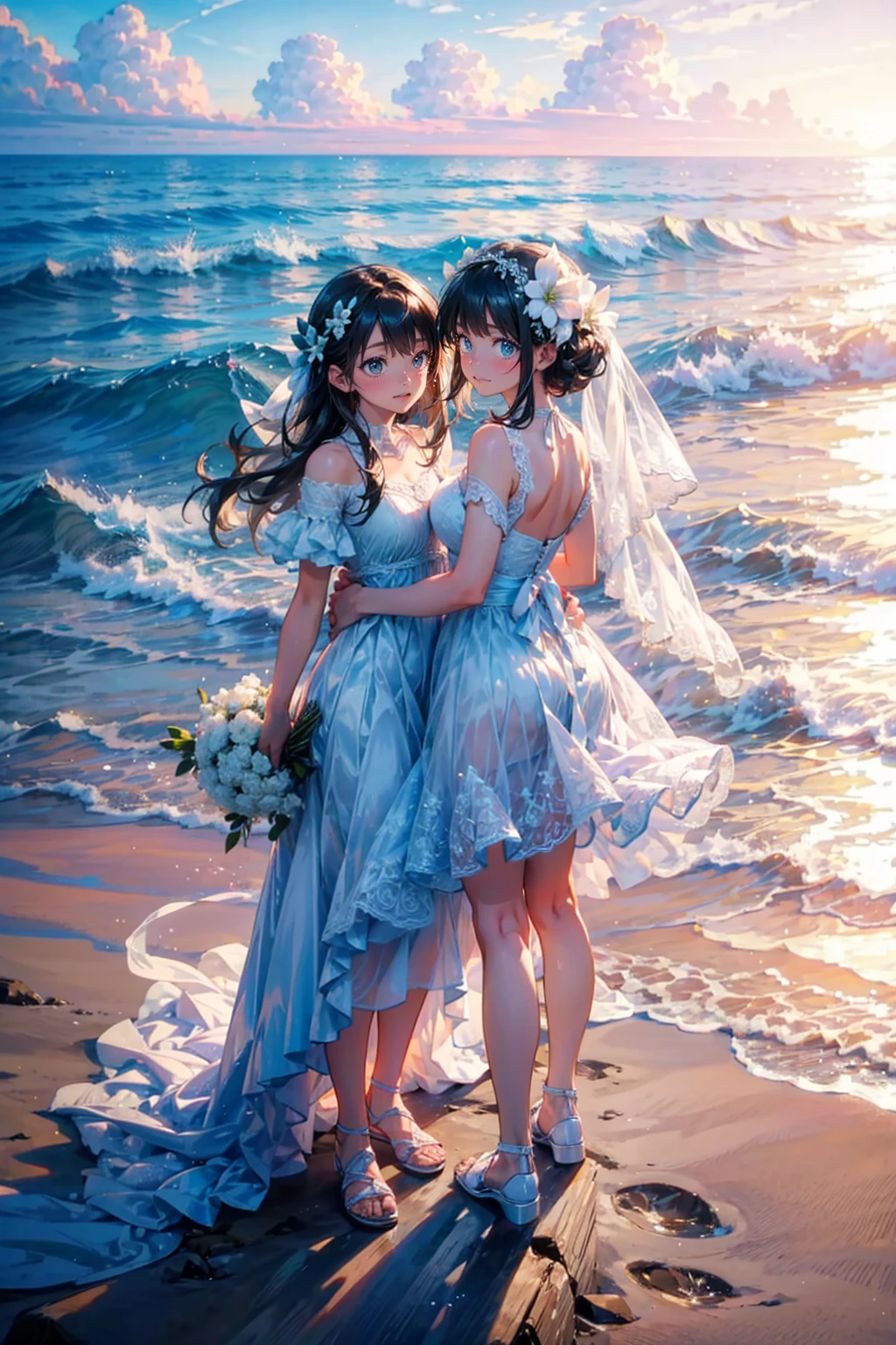2girls,cute,they wear wedding dress,white,take a photo,in beach,brilliant sea,brilliant sky,at morning