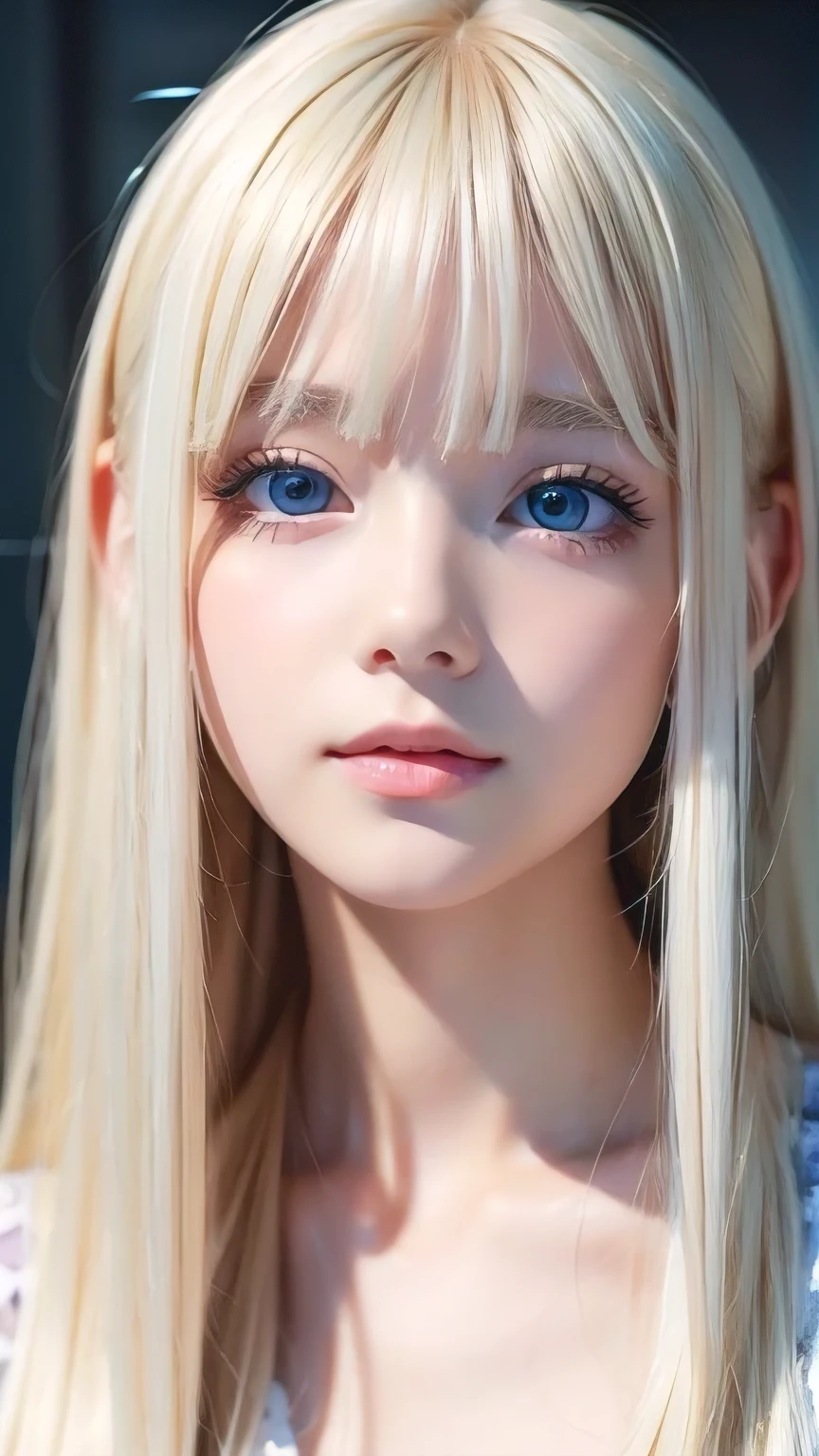 A perfectly beautiful face、Messy silky beautiful blonde hair、A beautiful 1 Scandinavian beauty、Very beautiful beautiful bright pale sky blue big eyes、Very long beautiful natural platinum blonde silky shiny hair、Long beautiful bangs、Very big eyes、Small Face Beauty、eyeliner、very white shiny skin、Gloss Face、Cheek gloss、Hair above the eyes、片Hair above the eyes、Hair between the eyes、