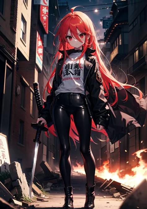 shana,灼眼のshana,long hair, redhead, red eyes, ahoge,small breasts,serious face,black rider jacket,black t-shirt,leather pants,boo...