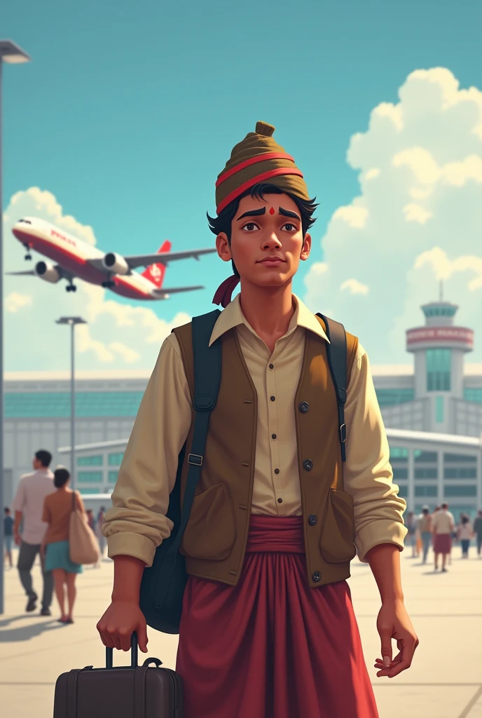A nepali student standing outside of airport leaving his country for studies with background airplanes pitting tika and dhaka topi at his forehead