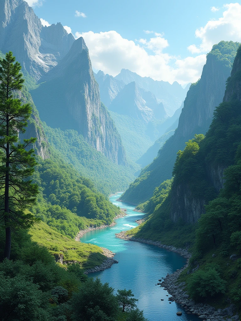 a river valley surrounded by high mountains full of vegetation