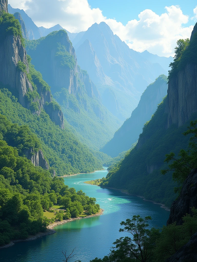 a river valley surrounded by high mountains full of vegetation