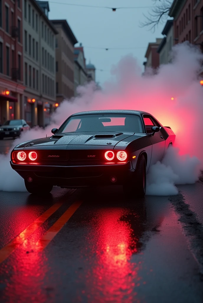 Dodge Challenger burnout with devil eyes in side view  