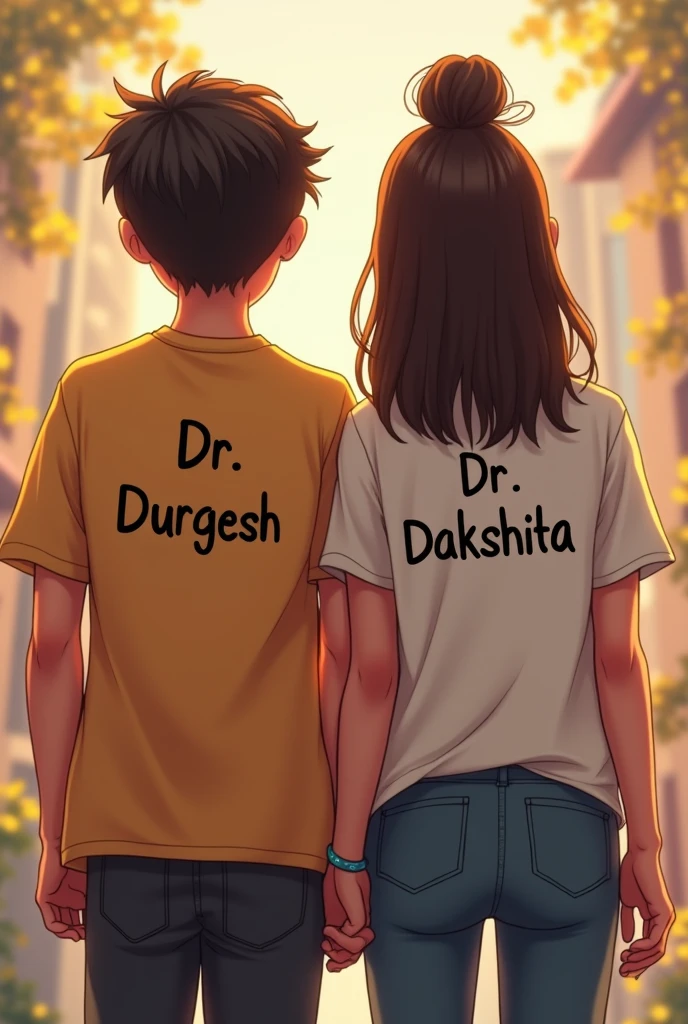 A couple boys has name Dr. Durgesh on his back of t shirt and girl has name of Dr. Dakshita on his back of t shirt doing romance and holding theirs hands
Their names is clearly visible and written in english on their backs of t shirt
Picture is clicked from back