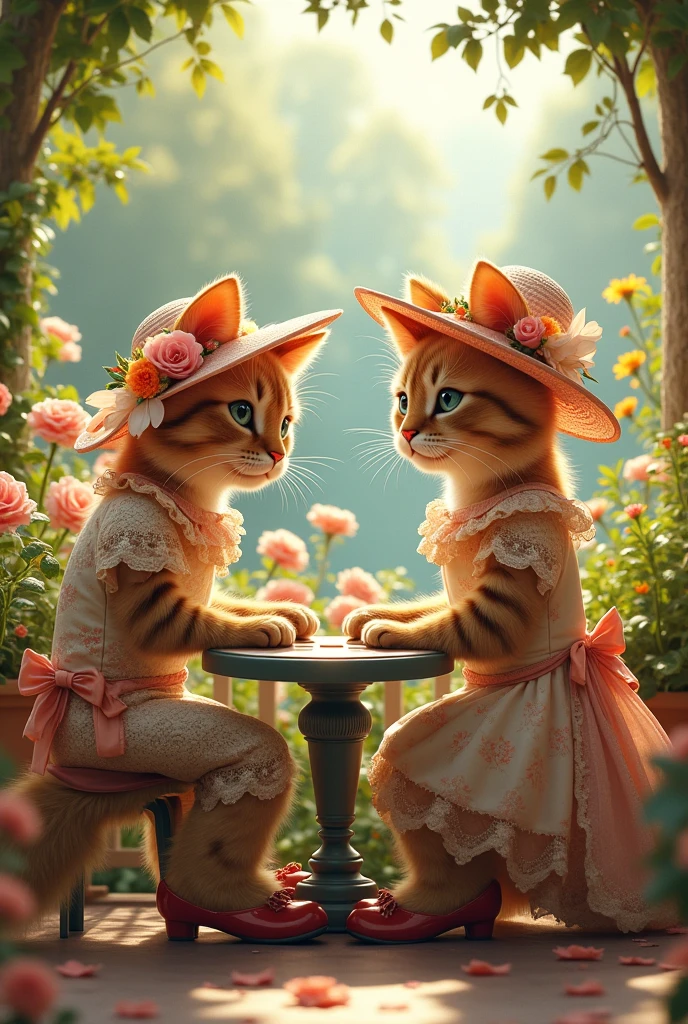 Mom cat and dad cat in chintz lace outfits and a hat with feathers decorated with flowers and ribbons in red shoes sit on the veranda at a table in a blooming sunny garden , Retro style