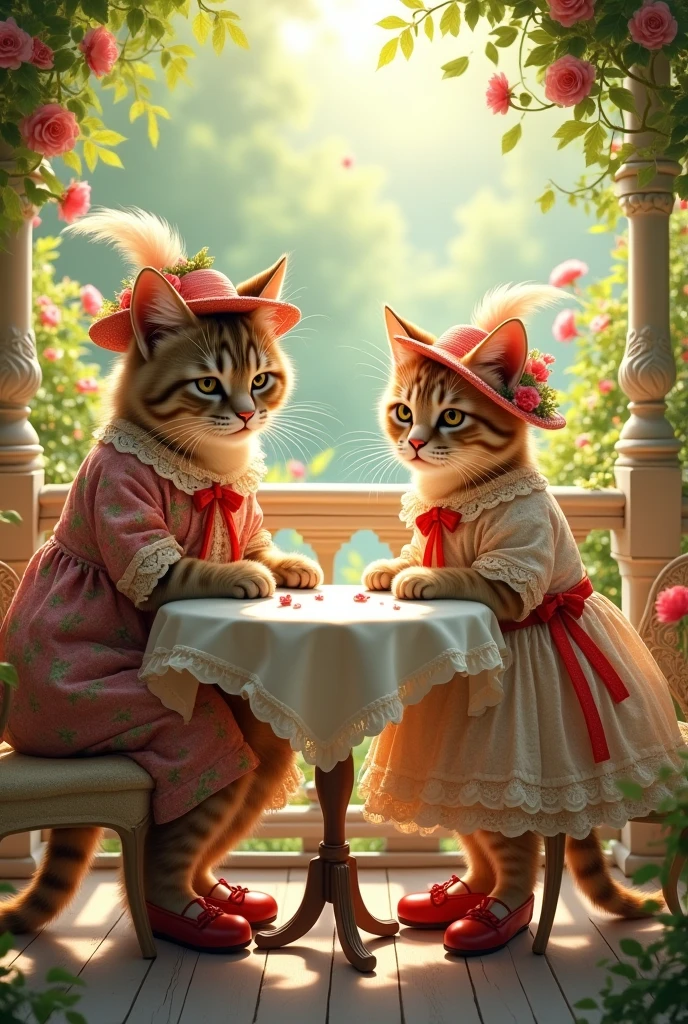 Mom cat and dad cat in chintz lace outfits and a hat with feathers decorated with flowers and ribbons in red shoes sit on the veranda at a table in a blooming sunny garden , Retro style