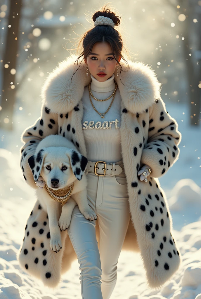 beautiful tanned japanese woman, wearing a designer fur puffer long dalmatian print jacket , and white turtle neck t-shirt underneath the coat, write "SEAart" with glitter on t-shirt, (t-shirt tucked in) (t-shirt underneath skirt) tucked in the t-shirt inside underneath white leather pants, white leg warmer, white leather gloves, ((white fur ear muffs)), chain necklace, diamond rings, hoop earring, big diamond buckle leather belt, thick eyebrows, blushed cheek, photorealistic, masterpiece, moncler, messy bun white highlighted hair, open the jacket, lips pouting, pouts, outdoor snowy place background with smokes, glitters and particles of snows and nice lighting, UHD, HDR, 8k, Masterpiece, running and holding a dalmatian puppy wearing gold collar and fur white coat, running, fish eyes