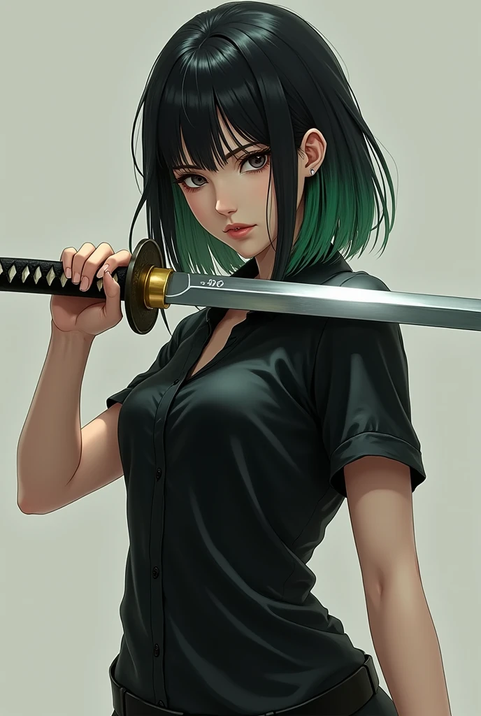 Fille réaliste avec une chemise noire, cheveux mi-long ???? avec des pointes vertes, avec un katana à la main