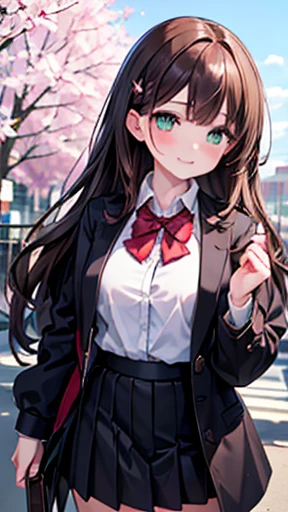 ((masterpiece, Highest quality, High resolution, 超High resolution, Pixel perfect, Depth of written border, 4K, RTTX 10.0, High resolution))), 1 girl, single, alone, Beautiful Anime, Beautiful art style, Anime characters, ((Long Hair, bangs, Dark brown hair, Curly Hair:0.4, Simple hairpin)), ((Green Eyes:1.4, Round eyes, Beautiful eyelashes, Realistic eyes)), ((Detailed face, blush:1.2)), ((Smooth texture:0.75, Realistic texture:0.65, Realistic:1.1, Anime CG style)), Large , ((Dynamic Angle, throw, close)), Perfect body, ((Red bow tie, school uniform, Black jacket, Open jacket, Brown cardigan, White shirt, Black Skirt, Checked skirt)), smile, amusement park, Place your hands behind your back, Leaning forward, cherry blossoms