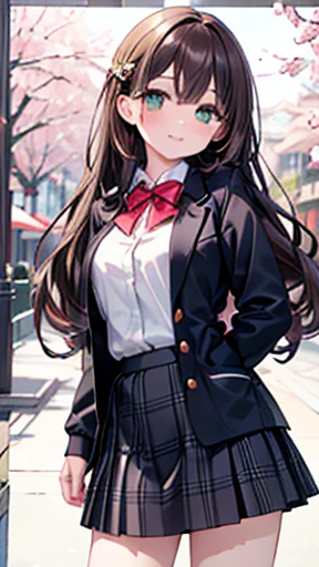 ((masterpiece, Highest quality, High resolution, 超High resolution, Pixel perfect, Depth of written border, 4K, RTTX 10.0, High resolution))), 1 girl, single, alone, Beautiful Anime, Beautiful art style, Anime characters, ((Long Hair, bangs, Dark brown hair, Curly Hair:0.4, Simple hairpin)), ((Green Eyes:1.4, Round eyes, Beautiful eyelashes, Realistic eyes)), ((Detailed face, blush:1.2)), ((Smooth texture:0.75, Realistic texture:0.65, Realistic:1.1, Anime CG style)), Large Breasts, ((Dynamic Angle, throw, close)), Perfect body, ((Red bow tie, school uniform, Black jacket, Open jacket, Brown cardigan, White shirt, Black Skirt, Checked skirt)), smile, amusement park, Place your hands behind your back, Leaning forward, cherry blossoms
