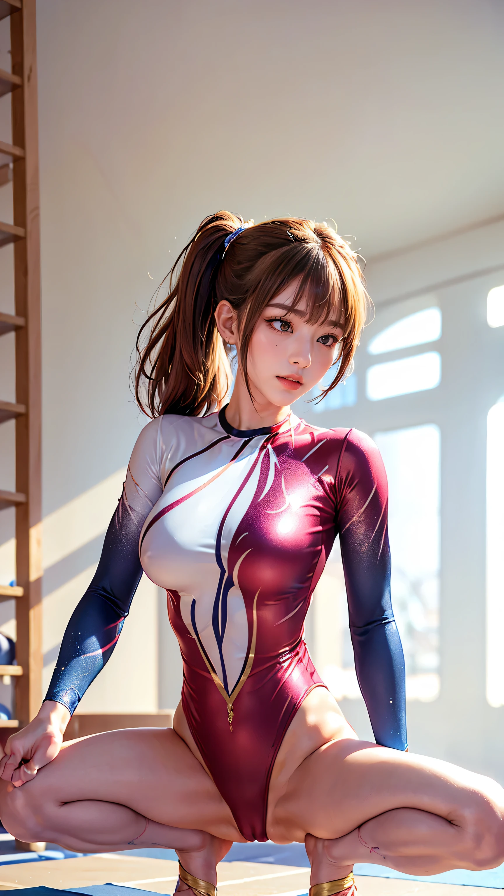 ((indoor, 新Gymnastics arena, Gymnastics arena:1.3)), Vibrance, Natural colors, (Highly detailed skin, Beautiful realistic face, White skin, Pointed Chest, Small nipples, Perfect Anatomy, Realistic eyes, Natural Eyes, Brown eyes, Accurate eye focus, Accurate limbs), (Hyper Realist, ultra-realistic, 4K, Attention to detail, Ultra-high resolution, Highest quality, masterpiece, Presence, dynamic, Uplifting, bold, Sharpness), (Thinning hair:2, Soft Hair:2, Straight hair:1.5, Long, slicked bangs, Light copper amber hair, Hair on one eye, Twin tail hair), (Female gymnast, Detailed costume, She wore a tight-fitting long-sleeved leotard.:1.5), Shiny long sleeve leotard, Metallic colors long sleeve leotard, Racing long sleeve leotard, Gymnastics Long Sleeve Leotard, ((High leg long sleeve leotard, A long-sleeved leotard with lots of Swarovski embellishments)), ({Metallic red color| Metallic purple color| Metallic white color| Metallic navy color| Metallic pink color| Metallic gold color| Metallic silver color| Metallic black color| Metallic colors}Long sleeve leotard colors), (Big Breasts:1.5), (Tall, Elongated arms and legs, Small waist, Small hips), (Crouching, M-shaped split, squat:1.2, squat with your legs wide apart, With legs apart), The long-sleeved leotard is digging into her butt, barefoot, Looking into the camera, smile, (Underhair does not grow), (whole body:1.2)