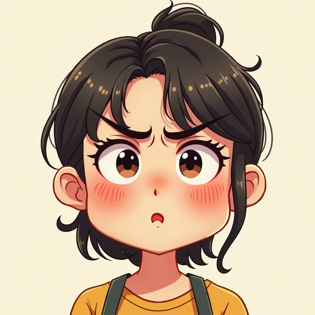 She puffs out her cheeks and looks angry、cute、Angry