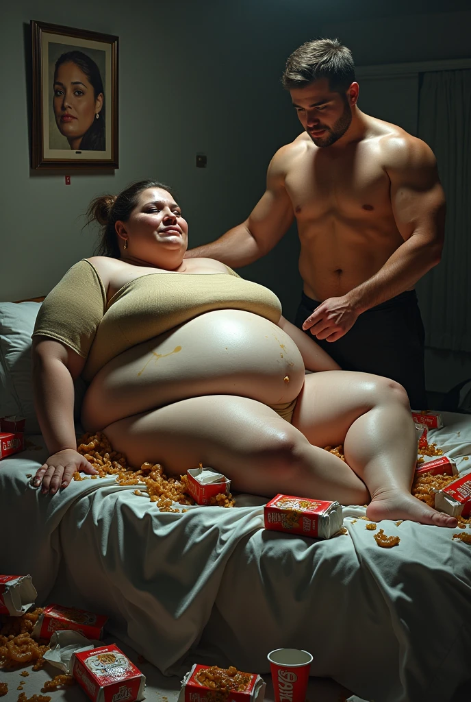 In a dim, cluttered room overflowing with fast food wrappers and greasy takeout containers, a handsome man with a physique similar to Justin Bieber stands triumphantly beside a bed where his girlfriend, now severely obese, lies helpless. Her once-proud, statuesque form has transformed into a grotesque display of extreme obesity. Her enormous, swollen belly spills over the edge of the mattress, its rolls of fat creating a humiliating sight.

The man, clean-shaven and with a charming, confident demeanor, exudes absolute control. His eyes gleam with satisfaction as he gently but firmly massages her massive, soft belly, his touch both commanding and invasive. His well-groomed hair and appealing physique contrast sharply with the disarray around them. Each press and knead of her flesh is a clear assertion of his dominance.

The woman, now profoundly overweight and tearful, lies supine on the bed. Her face, once beautiful, is now obscured by fat, and her eyes reflect deep distress and resignation. Her tears mingle with the greasy stains on her clothes, while her bloated, shapeless body appears entirely vulnerable amid the mess of food remnants surrounding her.

A framed photo on the wall captures a painful reminder of their past—a time when she was dominant and fit, and he seemed weaker. The contrast between their past and present is stark, underscoring her extreme degradation. Harsh lighting casts deep shadows, highlighting every detail of her humiliation—the grotesque folds of her enormous belly, his satisfied smirk, and the tears streaming down her face. She lies defeated, overwhelmed by the sheer dominance of the man who now controls her body and soul.