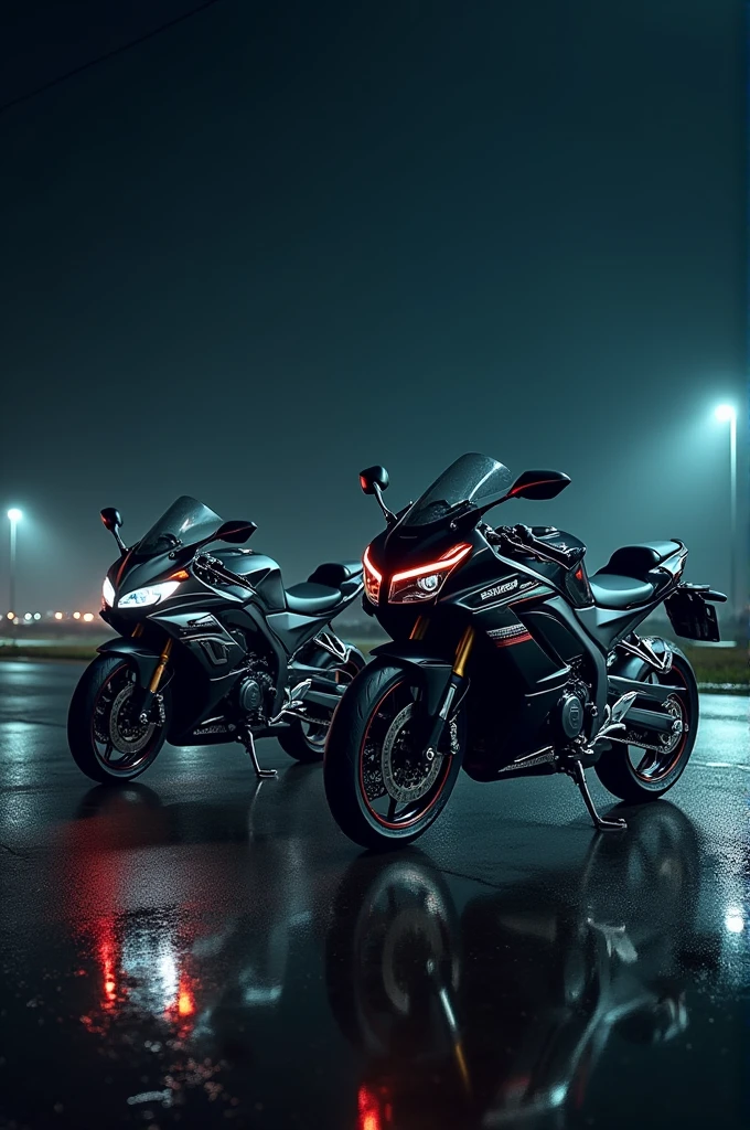 Create me a khawasiki zx10r and gt 650 in high quality hd image in night time with some water near banglore airport