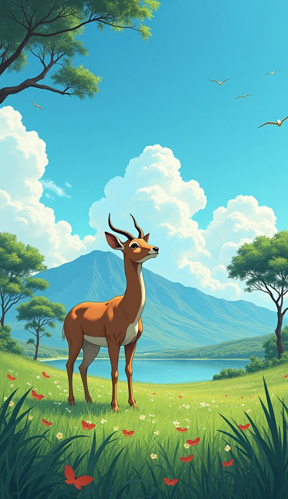 A realist anime antelope standing the green grasses(far and wide angle view) with mountain background and looking at the sky, with acacia trees and a clear blue sky in the background and with water lake near, birds flying and butterflies . Hawaii illustration , reteo comic illustration