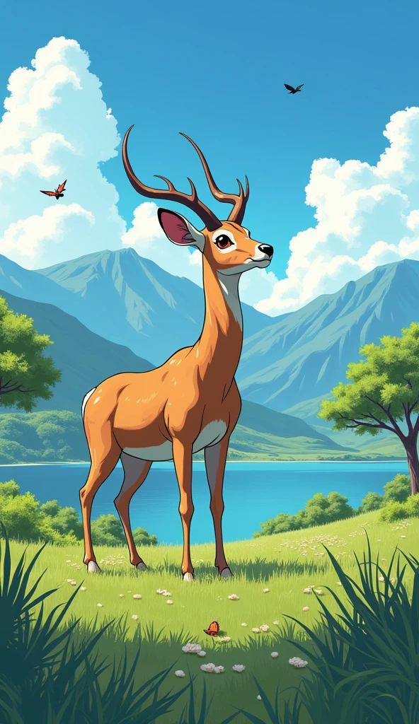 A realist anime antelope standing the green grasses(far and wide angle view) with mountain background and looking at the sky, with acacia trees and a clear blue sky in the background and with water lake near, birds flying and butterflies . Hawaii illustration , reteo comic illustration