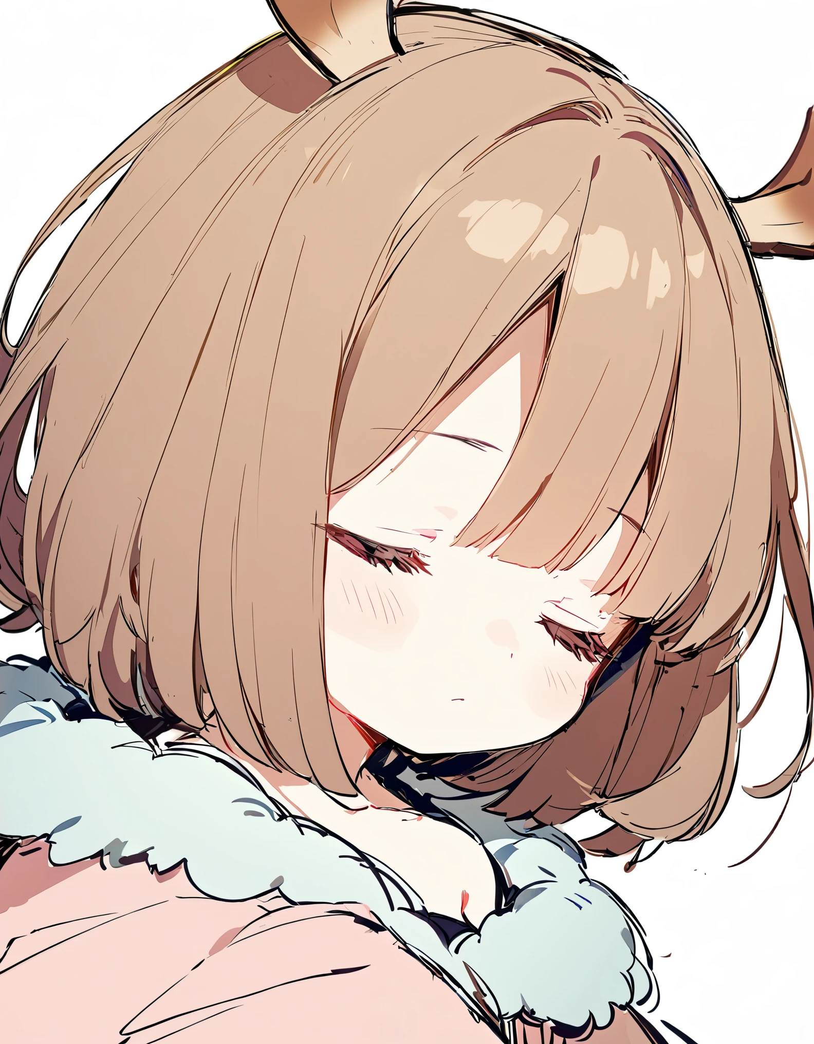 1 girl, (Sketches), (close), (Small body), (Pink Cheeks), (Cute deer antlers),brown Hair, (Short Bob Hair:1.4), (sleeping), (Big Hair) , (fringe), (More about the Strand), (White Background)