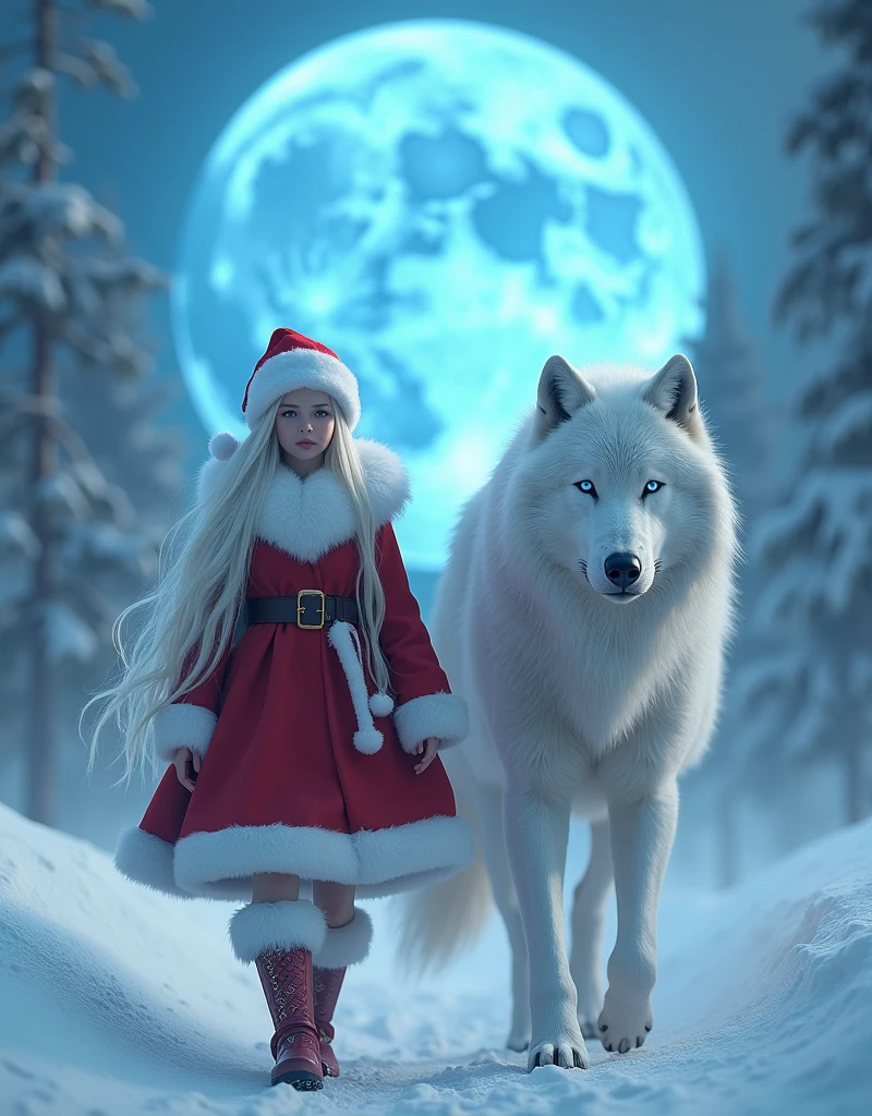 Snowy Christmas：1.3，Walking with a white wolf，Big Blue Moon，（Full Body：1.5），（Santa Claus Cosplay），（Conquer the blue-eyed big wolf），in snow，White hair：1.3，(​masterpiece、top-quality、top-quality、Beautifully Aesthetic:1.2)、(((White Christmas Beauty Girl)))、Cool pose、ighly detailed、colourfull、highestdetailed, Anatomically correct：1.3, nffsw, high details, Textured skin, 8K，perfect hand，perfect arms，Delicate touches on details：1.3