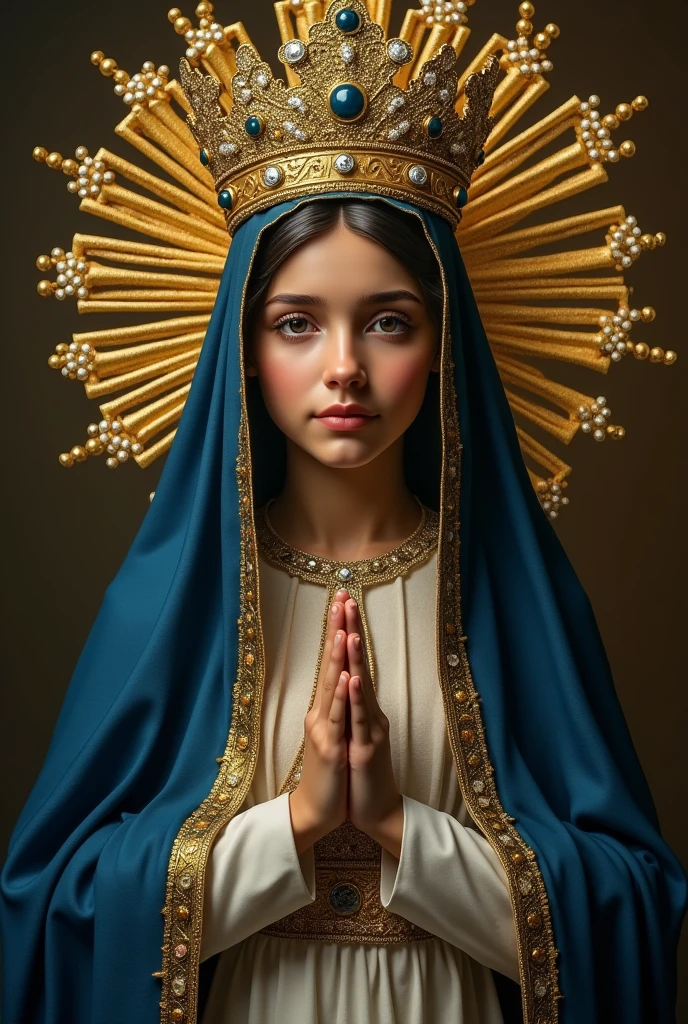 Our Lady Aparecida, black saint retinta, dressed in a dark blue cloak with embroidered Brazilian flag, with glitter and rhinestones, with a large golden crown. With expression of purity, docility and innocence, 