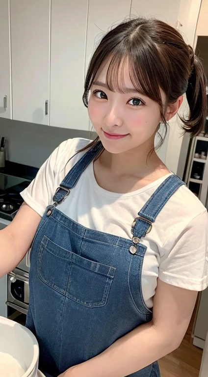 A woman who cooks、(Kitchen_overalls:1.Wear 3)、4K、A high resolution、tmasterpiece、top-quality、((hasselblad photograph))、Fine skin、sharp focus、(lighting like a movie)、Soft lighting、overhead shot、[:(Detailed face:1.2):0.2]、Medium chest、sweat pouring down the skin:1.2、(((In the kitchen))) A smile　Viewer's perspective　huge tit　Ponytail