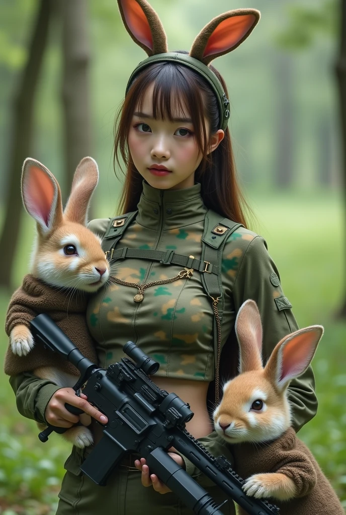 A seductive Japanese woman, 2, dressed elegantly in a high-necked camouflage combat uniform bunny girl costume in the wilderness、She has long brown hair and a rabbit ear ornament on top of her head.、The photo shows her with a small chest and a calm expression.、It shows her inner peace and outer charm.。Next to him are two rabbits dressed in combat gear and holding guns.。