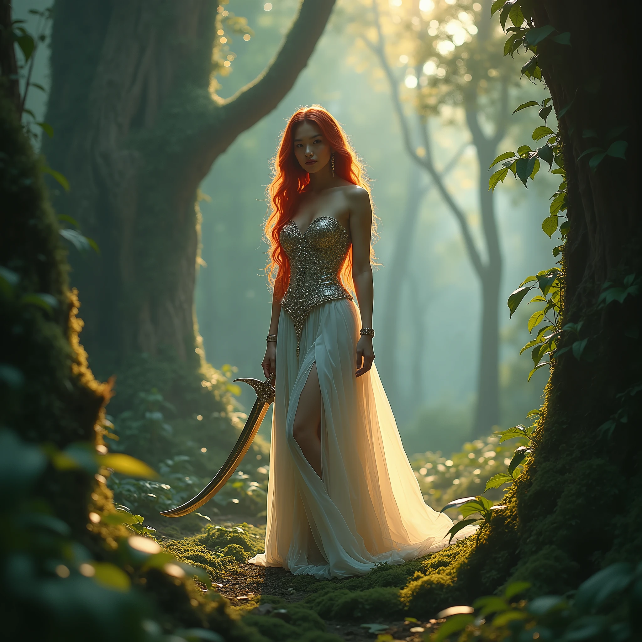 A serene and mystical forest, replete with ancient trees and soft, emerald undergrowth, serves as the backdrop for a captivating scene. A powerful warrior, curves accentuated by a strapless, floor-length gown adorned with intricate, metallic accents, stands resolute. Her porcelain skin glistens in the warm, golden light of a soft-box setup, illuminating her defined features and fiery red locks, which cascade down her back like a falling river of flame. Her sensuous lips curve into a subtle, triumphant smile, as she grasps a gleaming, curved sword in her right hand. The garment's V-neckline plunges, revealing a hint of toned shoulders. The surrounding foliage seems to glow, infused with an ethereal, soft-blue hue, courtesy of a subtle, color grading process. A warm, daylight film stock, with a subtle, organic film grain, lends an air of cinematic authenticity to the scene. The lens, with a subtle, " Personality" attachment, captures the curves and texture of the forest surroundings, imbuing the scene with visual depth and dimensionality. The atmosphere is tranquil, with the sound design subtly incorporating the soft rustling of leaves and distant, mystical chanting. In the distance, a faint, crescent moon hangs low in the sky, casting an additional, soft glow over the environment.