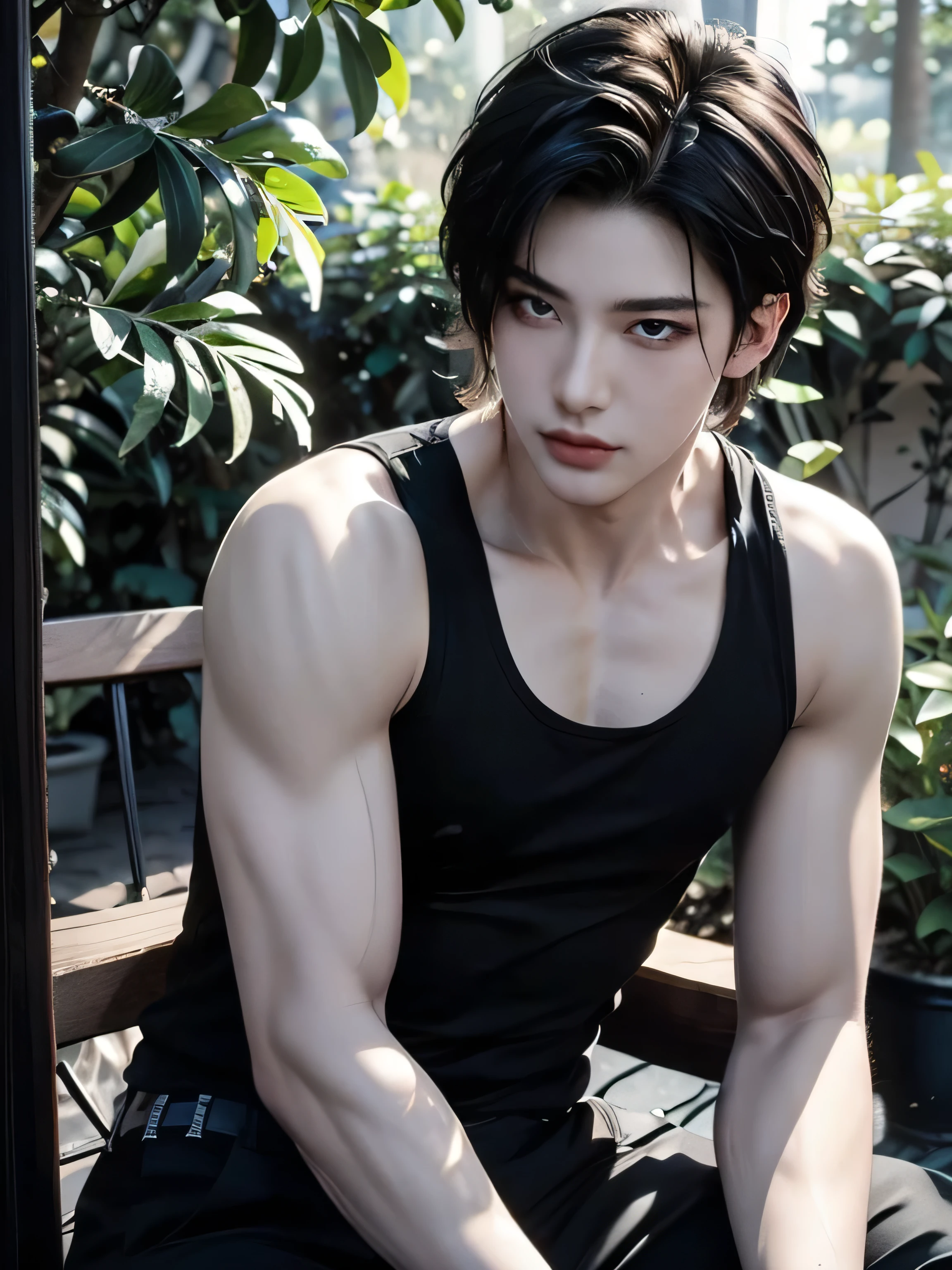 "Cinematic composition of a handsome and charming young man in his 20s with a Sleek and Straight Long Hairstyle men, glowing skin, and a perfectly sculpted body. He wears a men's black tank top, black pants. The man poses confidently and relaxed like a sigma male in a somewhere park setting, with beauty flowers in background. The lighting emphasizes his toned physique and radiant skin, creating a powerful yet relaxed atmosphere, trending on ArtStation."