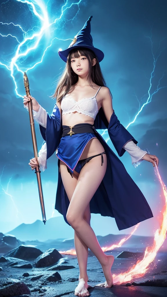 Perfect body,(1人のPerfect body),(Japanese 6th grade girl),(Wizard's attire:1.5),(Open-legged position),(I can see your shoulders:1.5),(Open leg posture:1.5),(8k images),(Panties:1.5),(thunder)