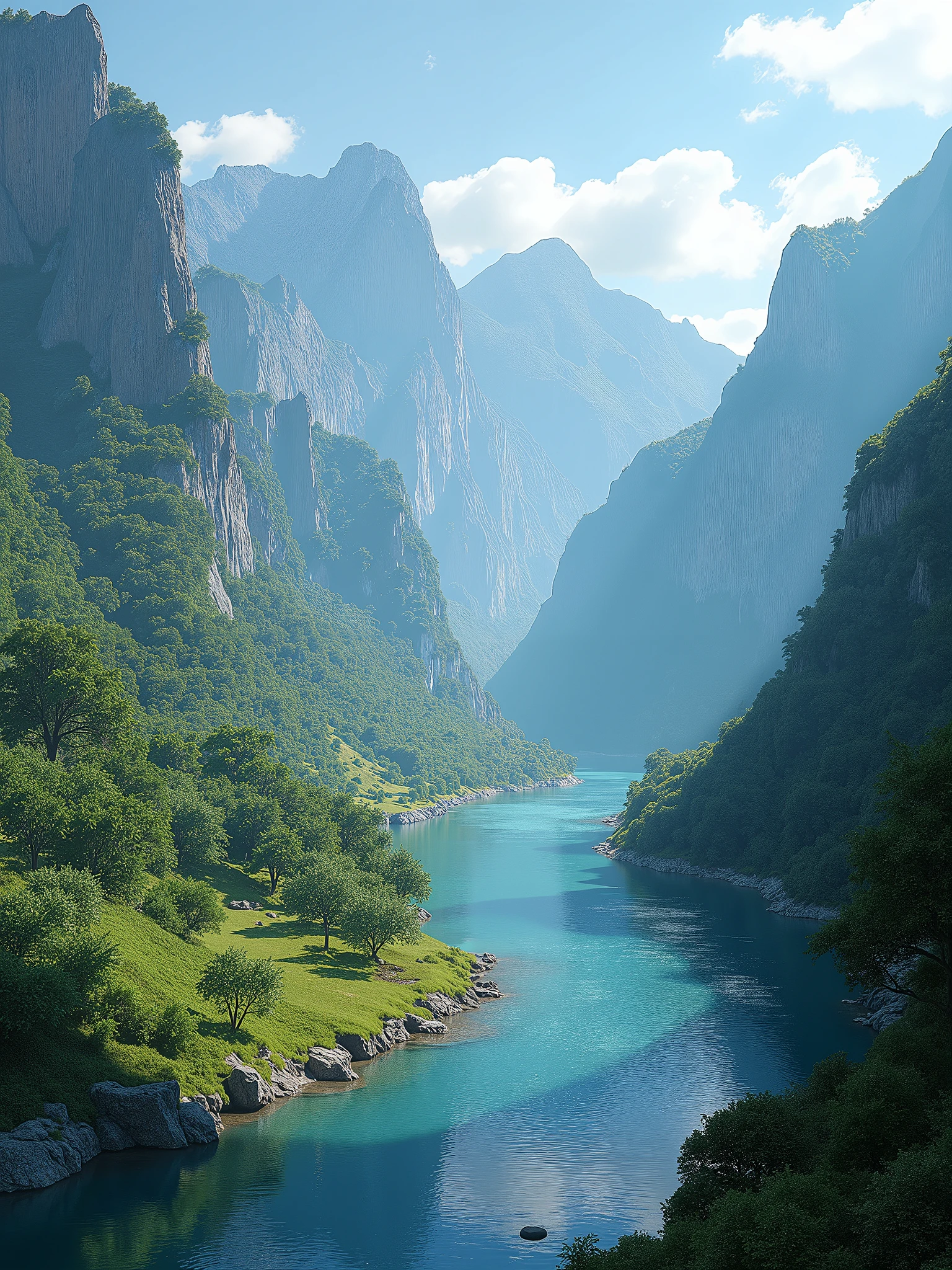 a river valley surrounded by high mountains full of vegetation