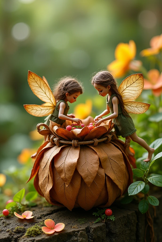 simple bag made of brown leaves, created in the hands of gardening fairies