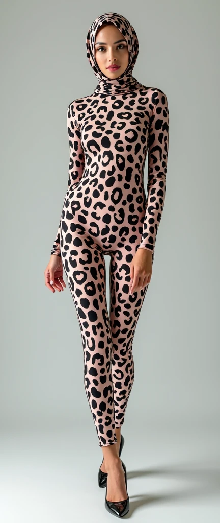 the beautiful,slender thin and clever Malaysian muslimah adult female girl with beautiful cheeks wears white colour leopard print lycra turtleneck unitard catsuit covered with black seamless spots and always wear white leopard colour print lycra elastane stretchy dance wear hijab covered with white leopard seamless spots.She is very super beautiful.