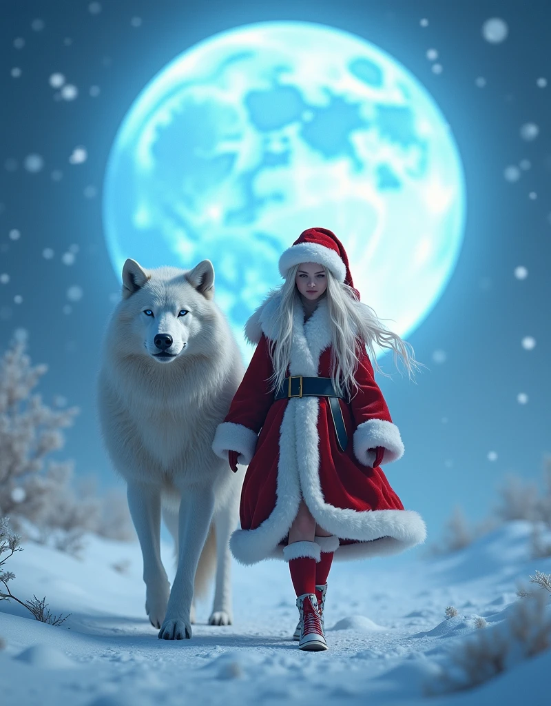 Snowy Christmas:1.3,Walking with a white wolf,Big Blue Moon,(Full Body:1.5),(Santa Claus Cosplay),(Conquer the blue-eyed big wolf),in snow,White hair:1.3,(masterpiece、top-quality、top-quality、Beautifully Aesthetic:1.2)、(((White Christmas Beauty Girl)))、Cool pose、ighly detailed、colourfull、highestdetailed, Anatomically correct:1.3, nffsw, high details, Textured skin, 8K,perfect hand,perfect arms,Delicate touches on details:1.3