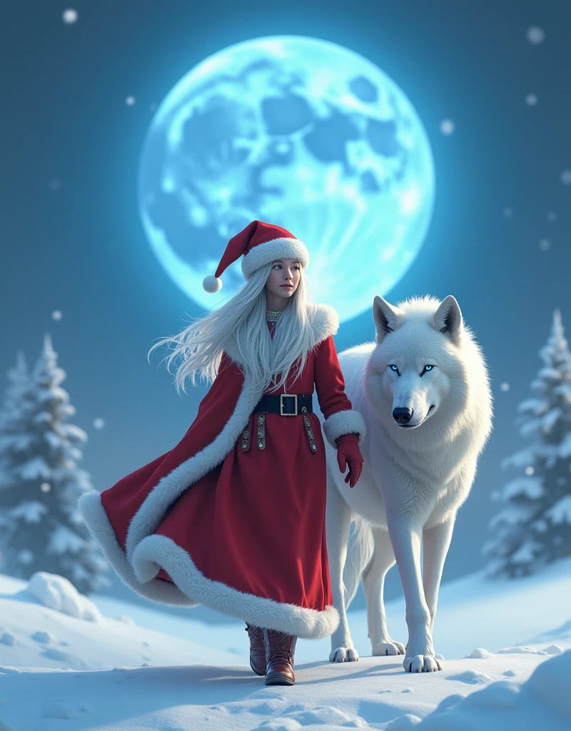 Snowy Christmas：1.3，Walking with a white wolf，Big Blue Moon，（Full Body：1.5），（Santa Claus Cosplay），（Conquer the blue-eyed big wolf），in snow，White hair：1.3，(​masterpiece、top-quality、top-quality、Beautifully Aesthetic:1.2)、(((White Christmas Beauty Girl)))、Cool pose、ighly detailed、colourfull、highestdetailed, Anatomically correct：1.3, nffsw, high details, Textured skin, 8K，perfect hand，perfect arms，Delicate touches on details：1.3