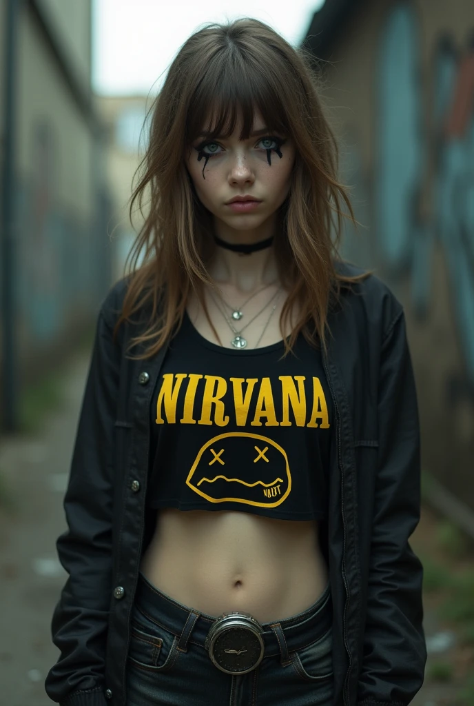 A grunge girl with light brown hair and light blue eyes in a nirvana crop top and bangs.
She must have some eyeliner on the side of her eyes