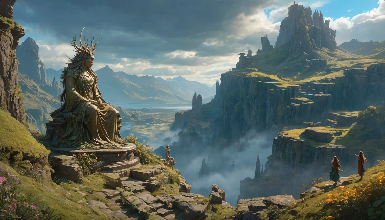 (anime, fantasy, giant statue), (detailed CG unity 8k wallpaper, masterpiece, best quality, highly detailed, HDR:1.2), an ancient gigantic statue on the edge of cliff, statue of sovngarde, detailed statue, medieval era, beautiful horizon. {unique shape} {4k texture} {detailed landscape}, vibrant color, intricate, ethereal lighting. From Brian Froud and Carne Griffiths and Wadim Kashin and John William Waterhouse