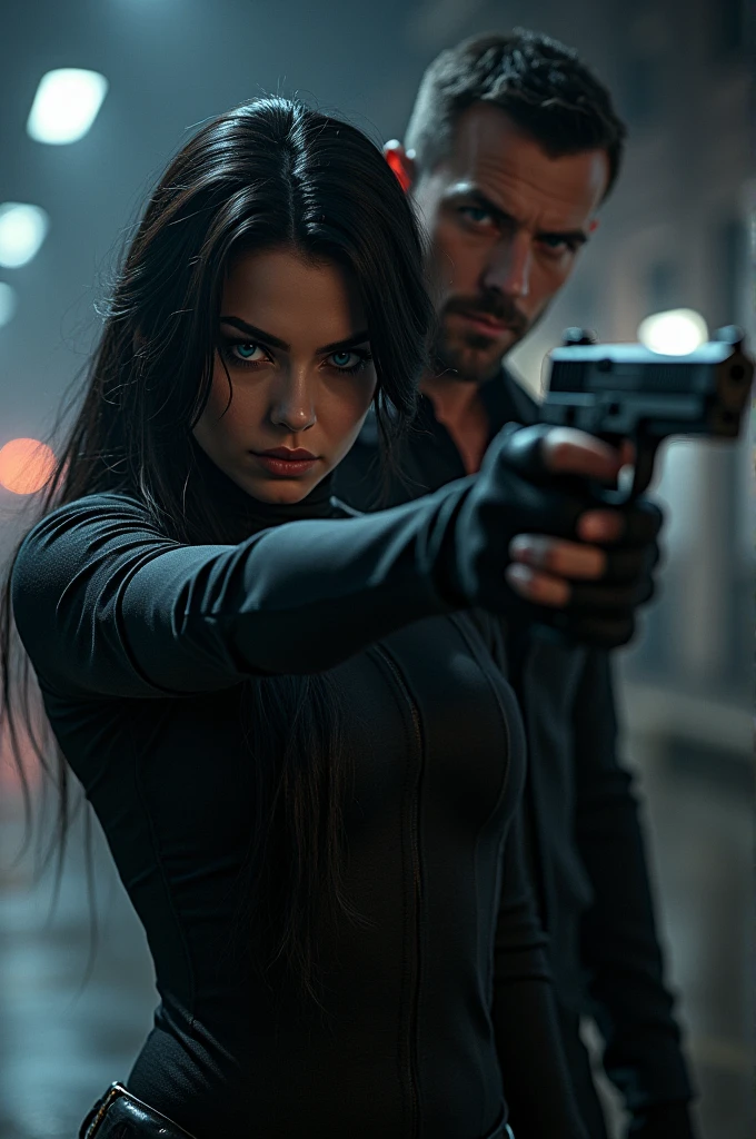 A hitman girl with dark complexion holding a gun. A handsome guy is behind her with blue eyes