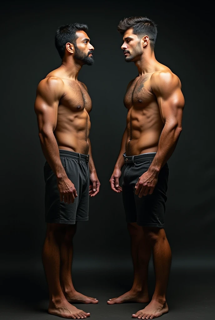  Make a thumbnail with two men as the central focus. On the left side, depict an Indian man with a weak physique, looking unattractive and lacking in muscle definition. On the right side, show a foreign man with a strong, muscular, and attractive physique. The Indian man should appear less confident, while the foreign man should exude confidence and attractiveness. The background should have a dark, contrasting color scheme to make the characters stand out. At the top of the thumbnail, include bold text that reads 'Is Indian Genetics Weak?' The text should be eye-catching and complement the dark background."photo should look lika a thumbnail. More details
