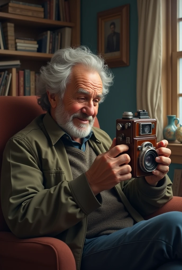 An old man seeing his film he recorded on his camera