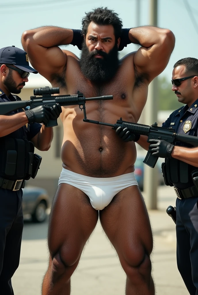 Large extremely hairy Puerto Rican man, very hairy armpits, very hairy, strong and bearded muscleman, in white underwear, standing, with your legs wide apart from each other, with both hands behind his head, having his underwear searched by two armed police officers.