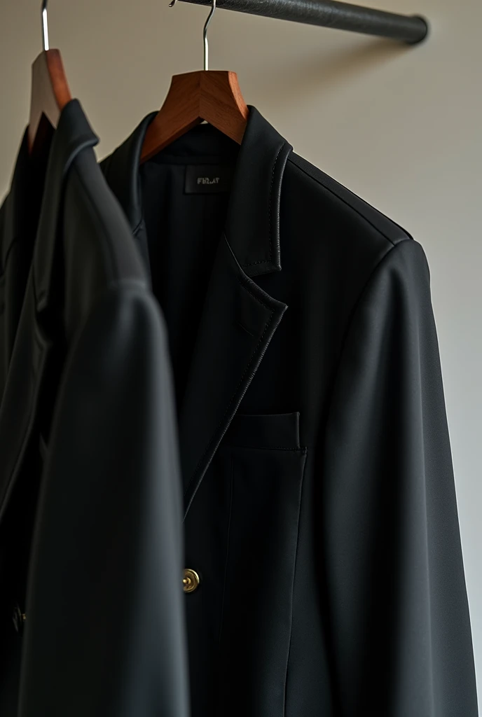 I want a black, luxury, elegant jacket hanging on a hook made with environmentally friendly materials and up close you can see the material 