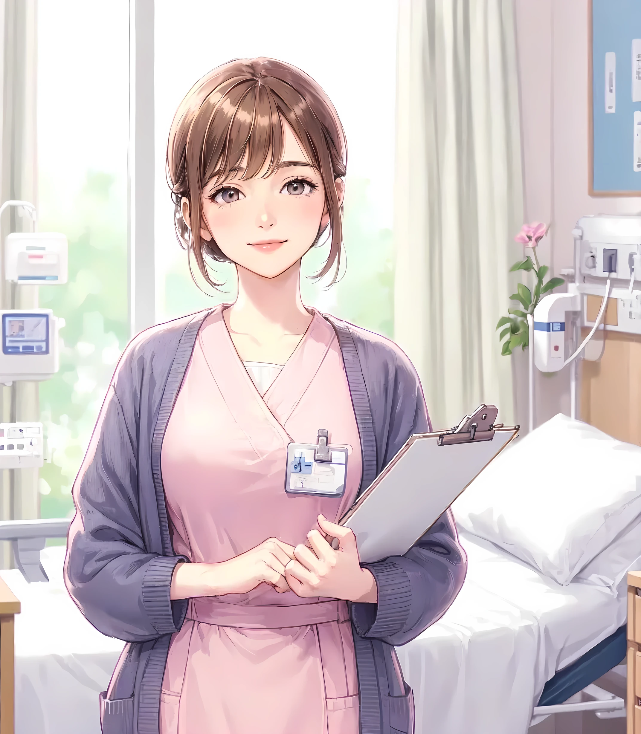 1lady standing, healthcare worker, nurse, (light pink uniform) (navy cardigan), (mature female:0.8), /(light brown hair/) bangs, kind smile, (masterpiece best quality:1.2) delicate illustration ultra-detailed, large breasts, (holding clipboard) BREAK (hospital room) indoors, patient's bed, soft lighting, detailed background