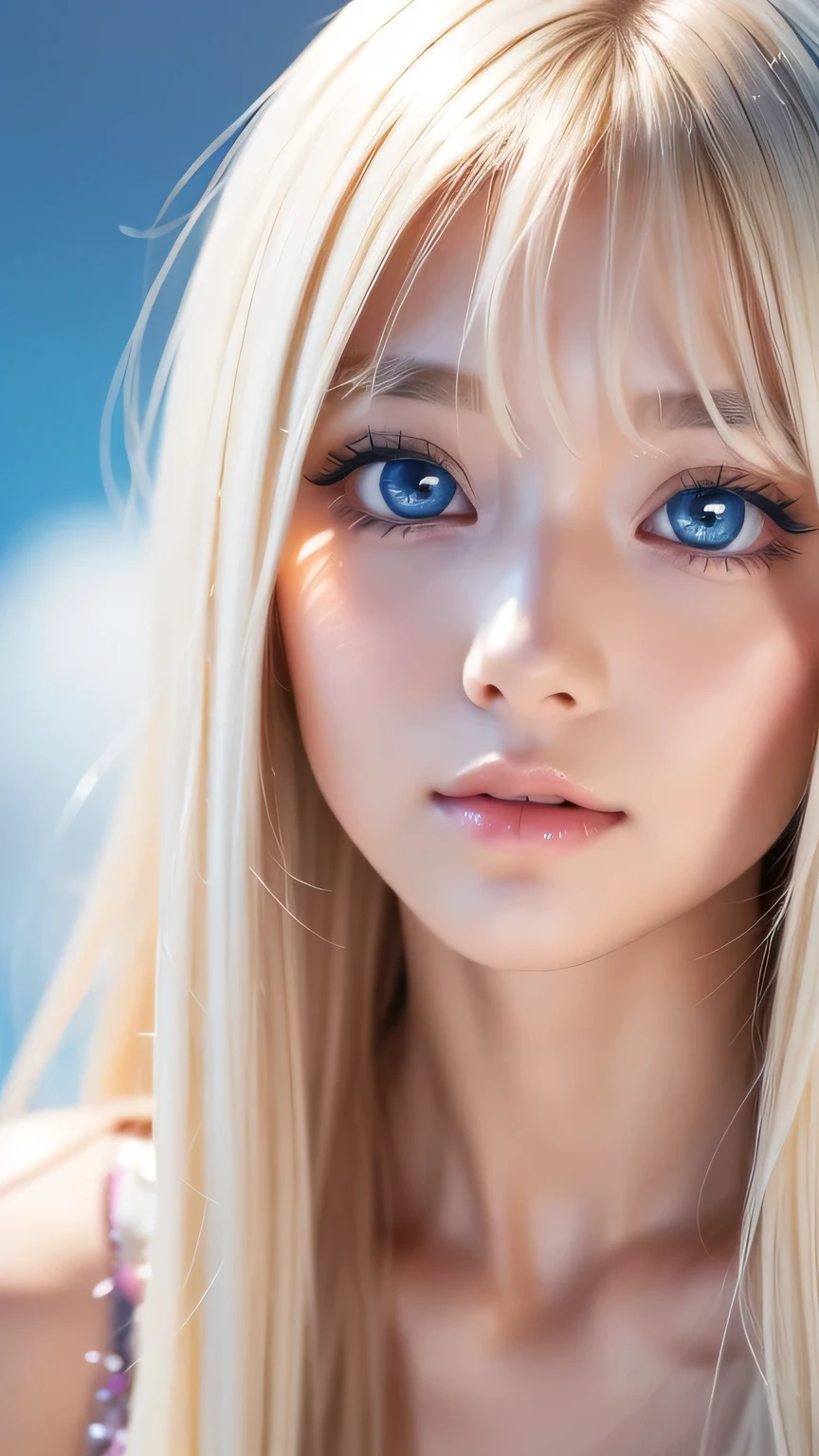 A perfectly beautiful face、Messy silky beautiful blonde hair、A beautiful 1 Scandinavian beauty、Very beautiful beautiful bright pale sky blue big eyes、Very long beautiful natural platinum blonde silky shiny hair、Long beautiful bangs、Very big eyes、Small Face Beauty、eyeliner、very white shiny skin、Gloss Face、Cheek gloss、Hair above the eyes、片Hair above the eyes、Hair between the eyes、