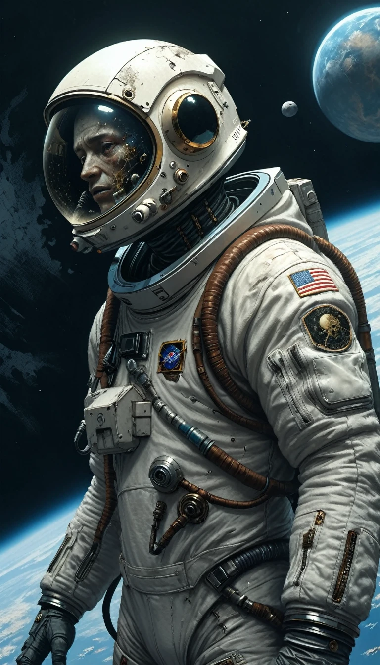 cyberpunk astronaut , cyberpunk astronaut floating in space, floating in void darkness, style of Zdzislaw Beksinski , close up of astronaut, suit is damaged. hyper detailed, 4k, space horror, , Zdzislaw Beksinski art, hyper realistic, fine detail, masterpiece