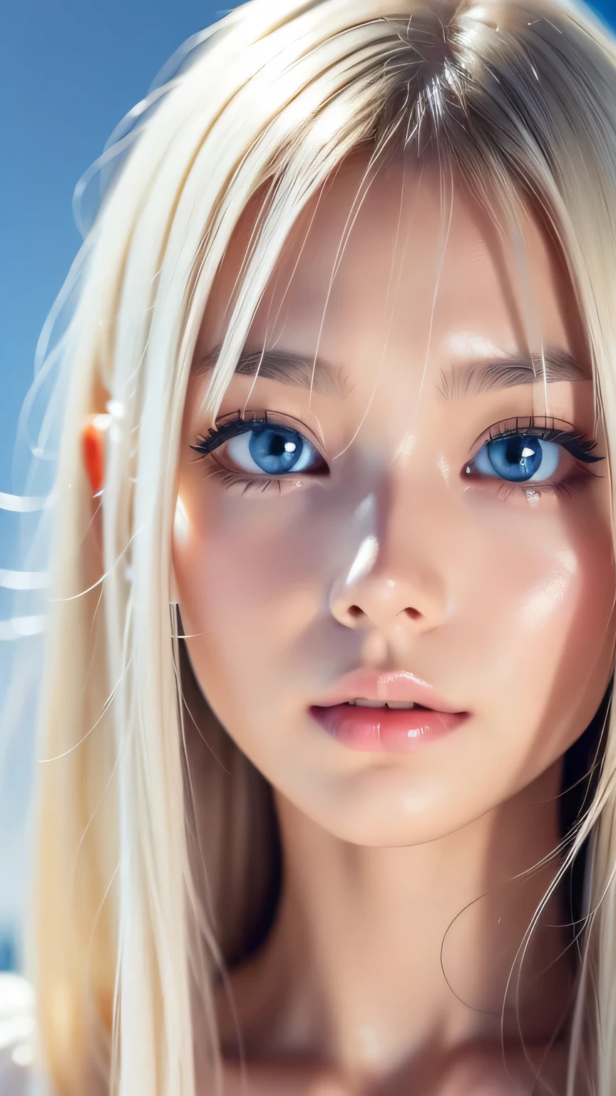 A perfectly beautiful face、Messy silky beautiful blonde hair、A beautiful 1 Scandinavian beauty、Very beautiful beautiful bright pale sky blue big eyes、Very long beautiful natural platinum blonde silky shiny hair、Long beautiful bangs、Very big eyes、Small Face Beauty、eyeliner、very white shiny skin、Gloss Face、Cheek gloss、Hair above the eyes、片Hair above the eyes、Hair between the eyes、