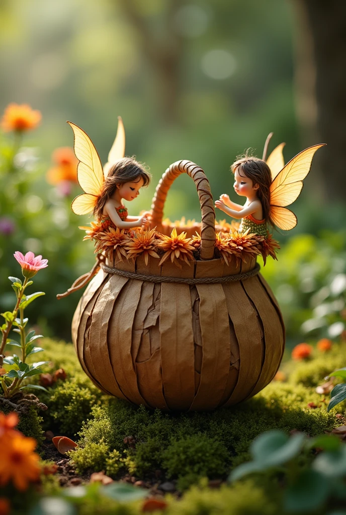 simple bag made of brown leaves, created in the hands of gardening fairies