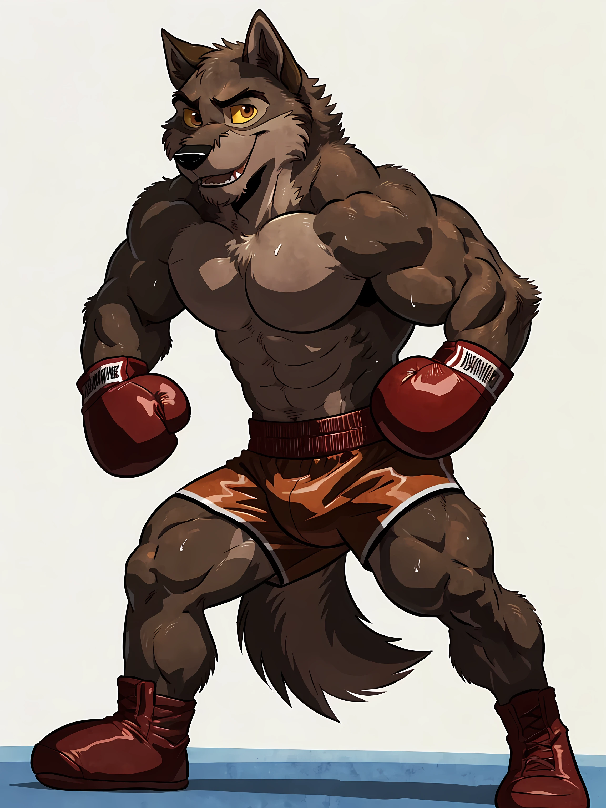 balto, baltowd, brown eyes, yellow sclera, solo, detailed, detailed face, detailed eyes, anthro body, black lineart, black outline, male, masculine, adult, very muscular body, muscles, cartoon shading, confident, proud, smile, boxing shorts, wolf tail, (wearing boxing gloves, detailed boxing gloves):1.1, (no background, white background):1.5, bare chest, by wfa, by negger, cel shaded:1.2, boxing stance:1.1, action pose, exhausted, sweaty:1.2, stern face, determined